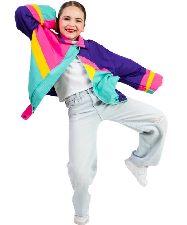 Young Hip Hop dancer mid-step in a colorful jacket